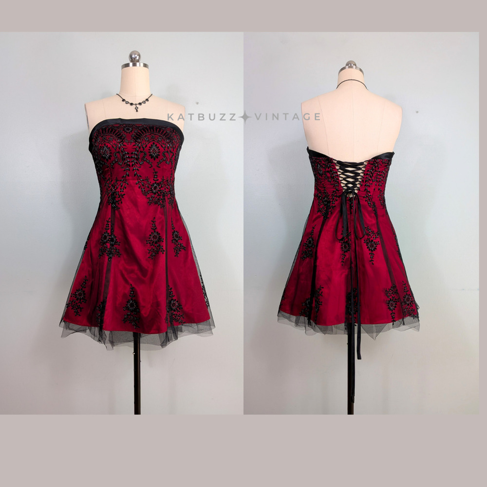 Vintage Nites Prom Dress Mini Gown 10 Red Black Corset Y2K Hoco Goth Floral Lace